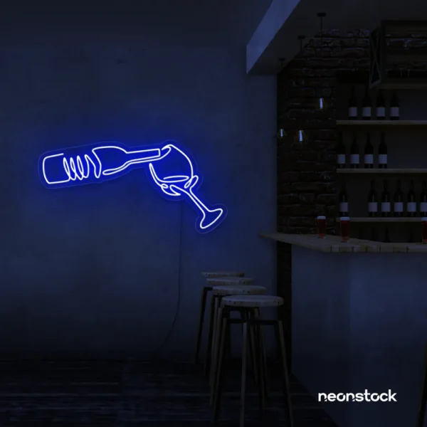 Wine bottle and glass neon sign in dark blue â€“ perfect for wine bars, restaurants, or kitchen wall decor.