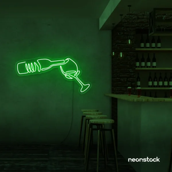Wine bottle and glass neon sign in deep green â€“ perfect for wine bars, restaurants, or kitchen wall decor.