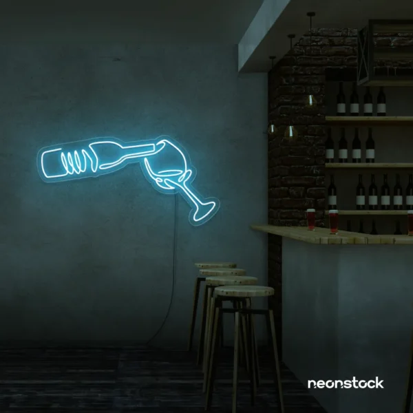 Wine bottle and glass neon sign in ice blue â€“ perfect for wine bars, restaurants, or kitchen wall decor.