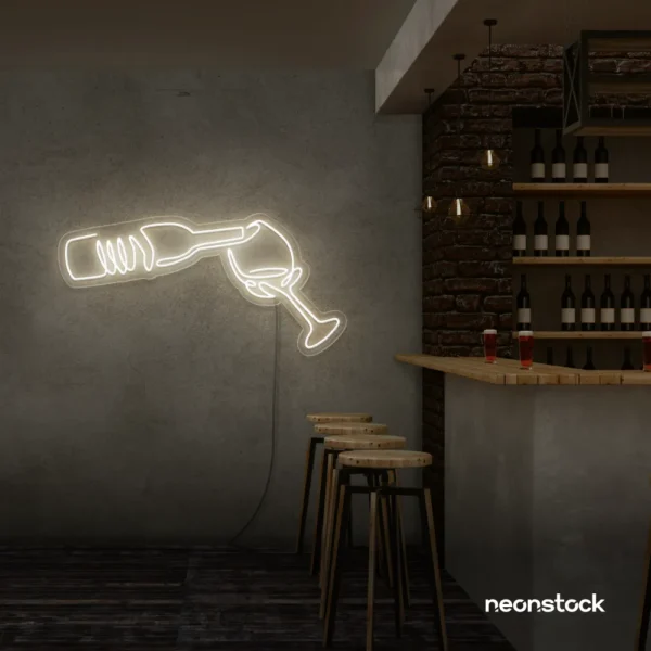 Wine bottle and glass neon sign in neutral white â€“ perfect for wine bars, restaurants, or kitchen wall decor.