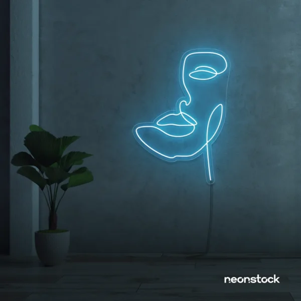 Abstract face neon sign in ice blue for beauty salons, nail studios, and spa wall decor.