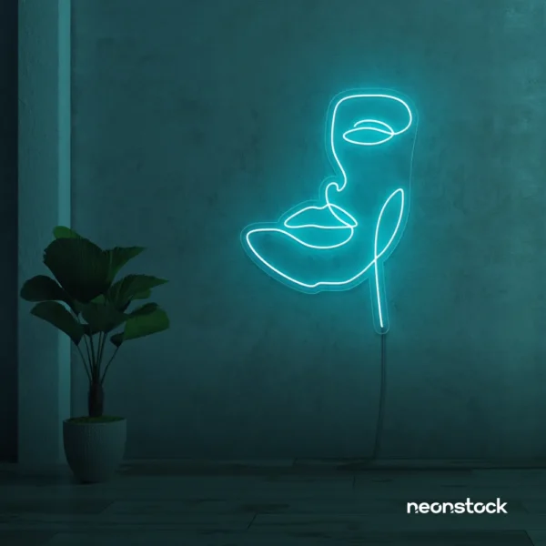 Abstract face neon sign in mint green for beauty salons, nail studios, and spa wall decor.