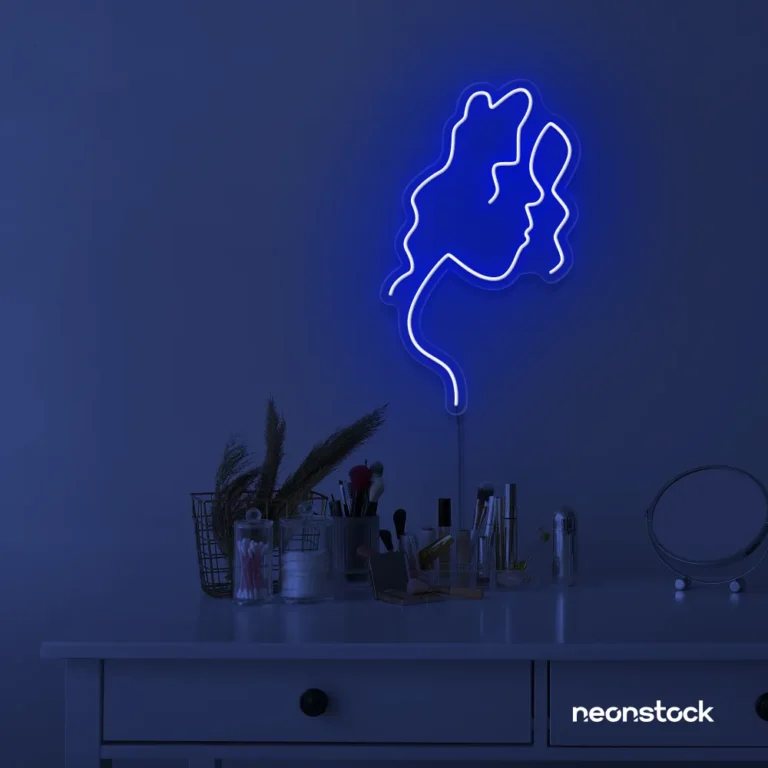 Abstract woman silhouette neon sign in dark blue for salons, studios, and feminine wall decor.