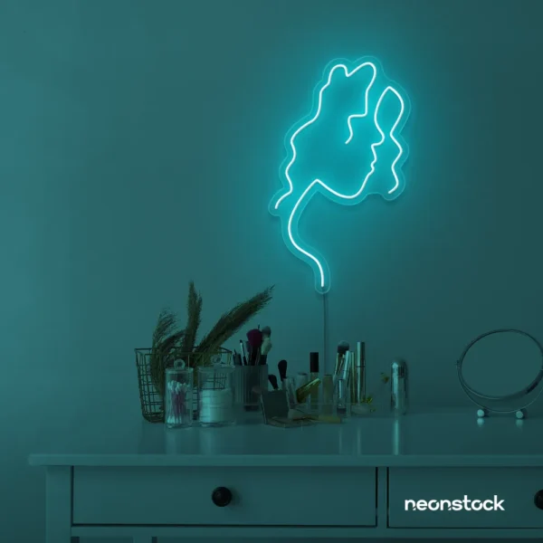 Abstract woman silhouette neon sign in mint green for salons, studios, and feminine wall decor.