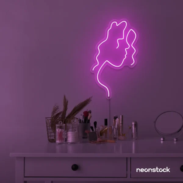 Abstract woman silhouette neon sign in pink for salons, studios, and feminine wall decor.