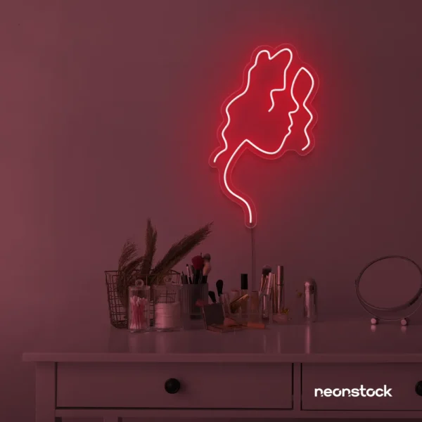 Abstract woman silhouette neon sign in red for salons, studios, and feminine wall decor.
