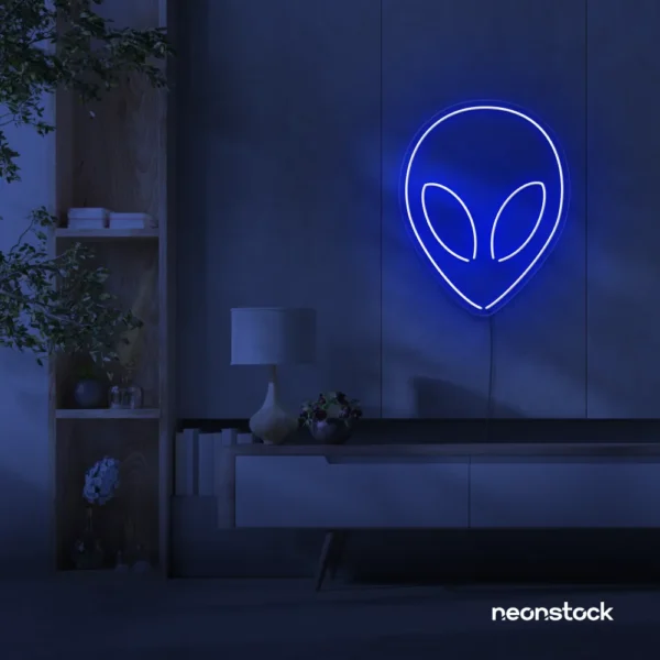 Alien neon sign in dark blue for teen rooms and wall decor