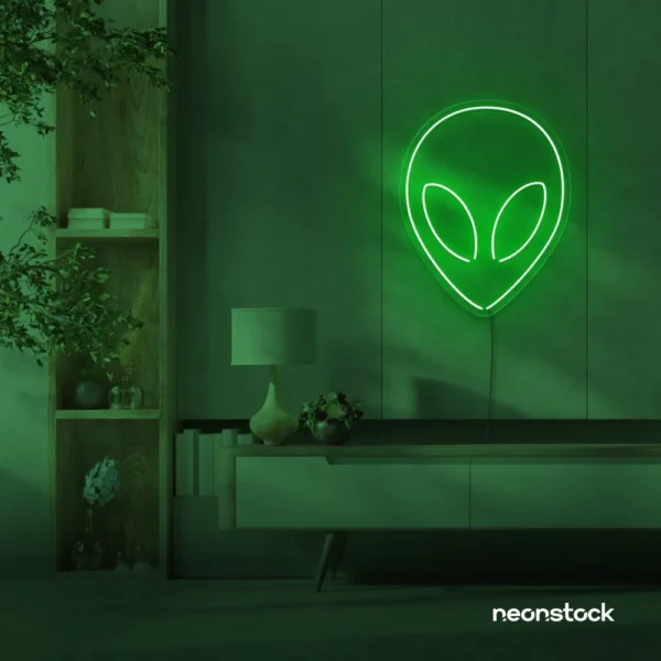 Alien neon sign in deep green for teen rooms and wall decor