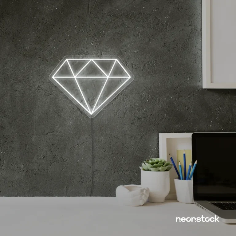 Diamond neon sign in white – luxurious LED decor for glam spaces.