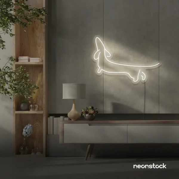 Dachshund dog neon sign in neutral white for pet decor and dog-themed wall art.