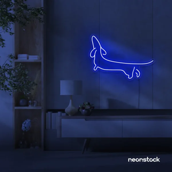 Dachshund dog neon sign in dark blue for pet decor and dog-themed wall art.