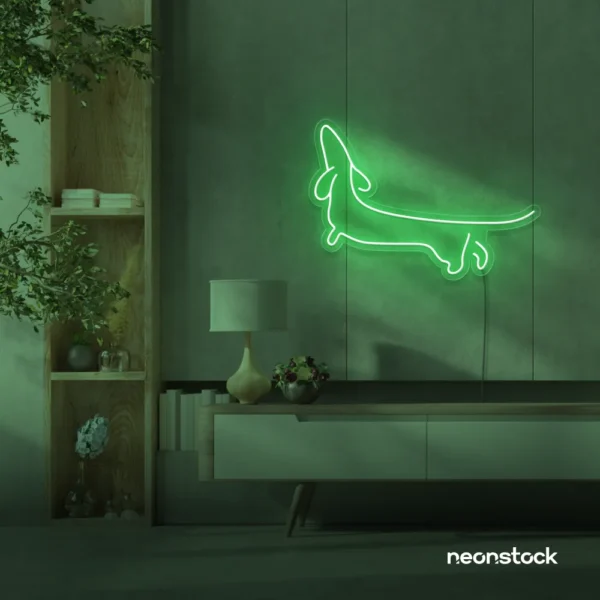 Dachshund dog neon sign in green for pet decor and dog-themed wall art.