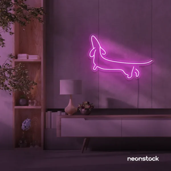 Dachshund dog neon sign in pink for pet decor and dog-themed wall art.