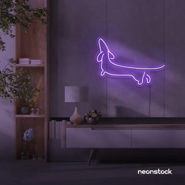 Dachshund dog neon sign in purple for pet decor and dog-themed wall art.