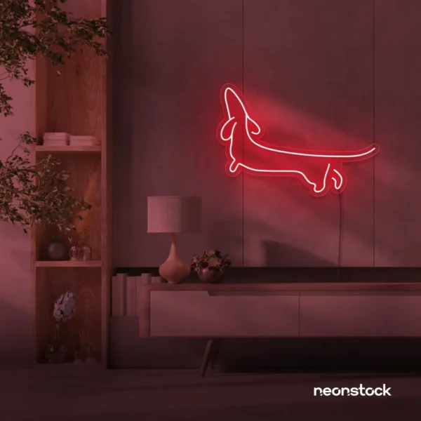 Dachshund dog neon sign in red for pet decor and dog-themed wall art.