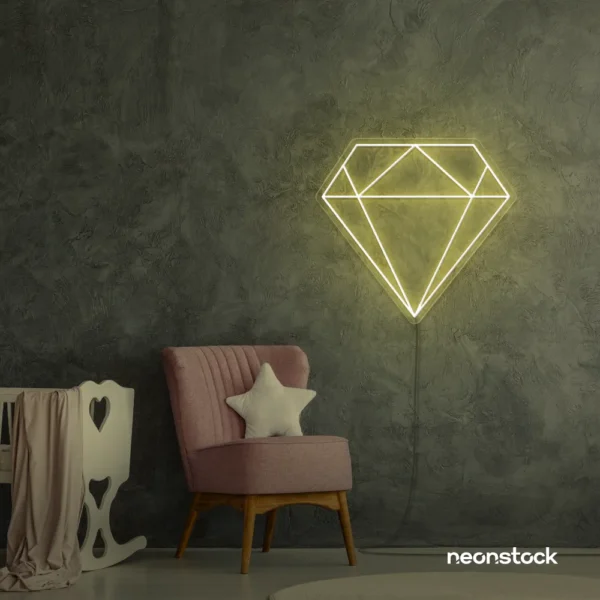 Diamond neon sign in warm white – luxurious LED decor for glam spaces.