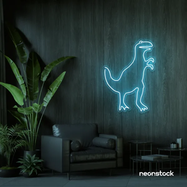 T-Rex dinosaur neon sign in ice blue for kids' bedrooms, dino-themed decor, and playroom walls.