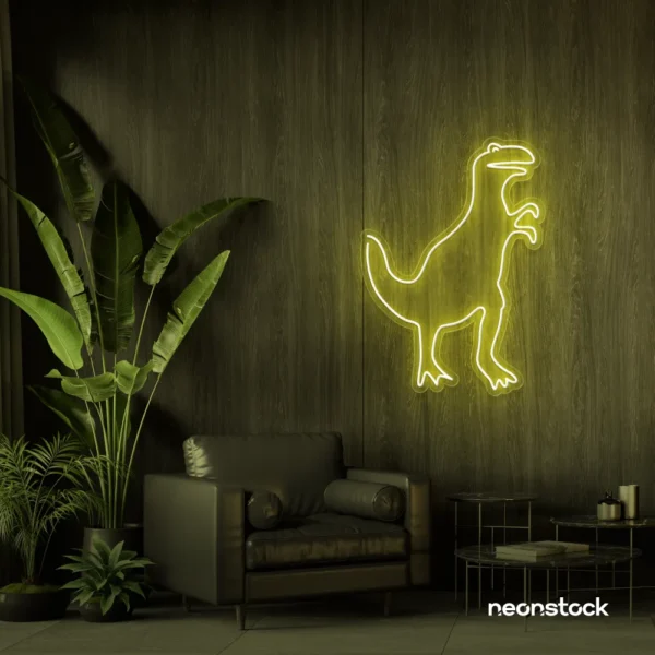 T-Rex dinosaur neon sign in lemon yellow for kids' bedrooms, dino-themed decor, and playroom walls.
