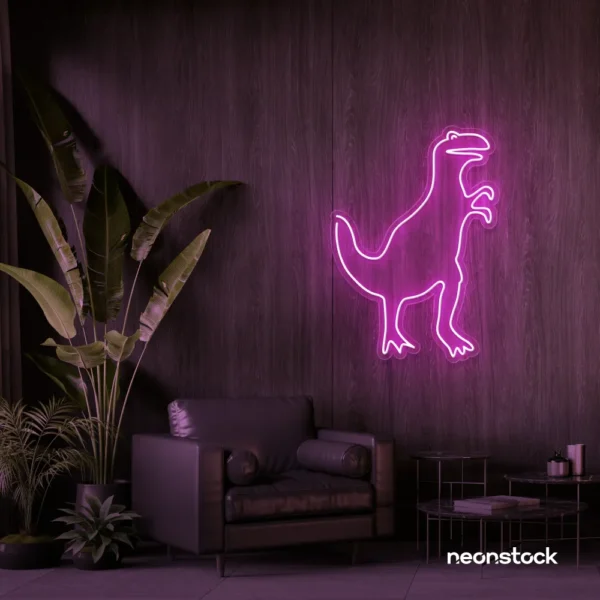 T-Rex dinosaur neon sign in pink for kids' bedrooms, dino-themed decor, and playroom walls.