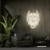 Dragon face neon sign in neutral white – fierce LED wall light for fantasy and gaming decor.