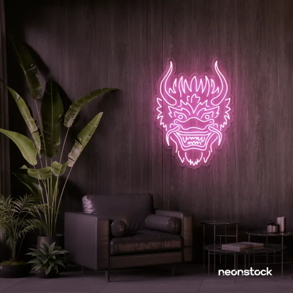 Dragon face neon sign in baby pink – fierce LED wall light for fantasy and gaming decor.
