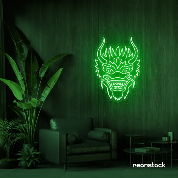 Dragon face neon sign in deep green – fierce LED wall light for fantasy and gaming decor.