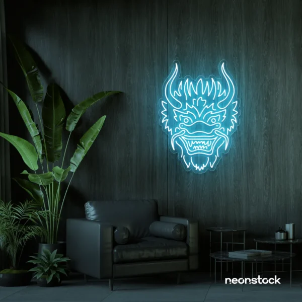 Dragon face neon sign in ice blue – fierce LED wall light for fantasy and gaming decor.