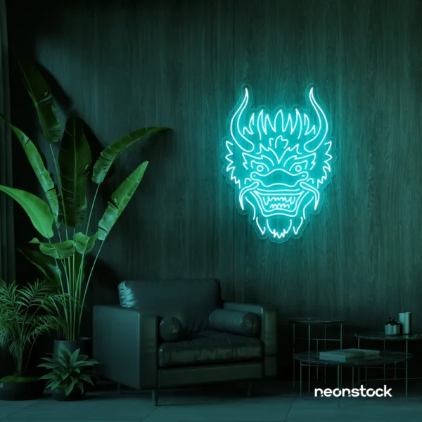 Dragon face neon sign in mint green – fierce LED wall light for fantasy and gaming decor.