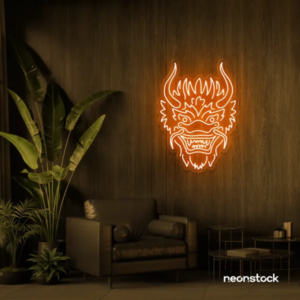 Dragon face neon sign in orange – fierce LED wall light for fantasy and gaming decor.