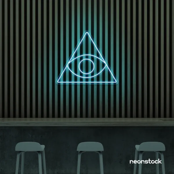 Eye of Providence neon sign in ice blue – symbolic LED wall decor for spiritual and modern spaces.