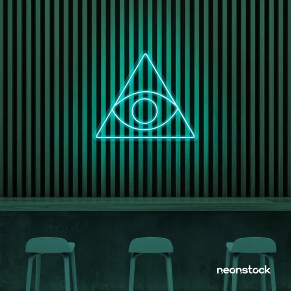 Eye of Providence neon sign in mint green – symbolic LED wall decor for spiritual and modern spaces.