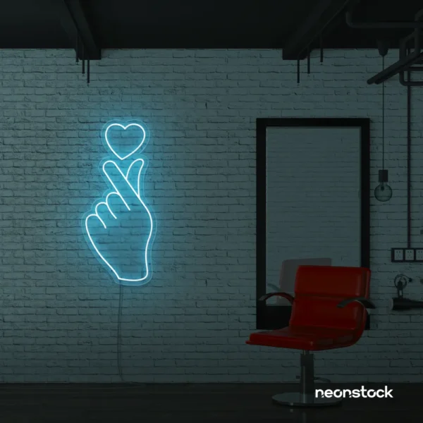 Finger heart neon sign in ice blue for bedroom and dorm room decor