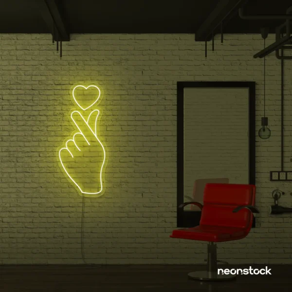 Finger heart neon sign in lemon yellow for bedroom and dorm room decor