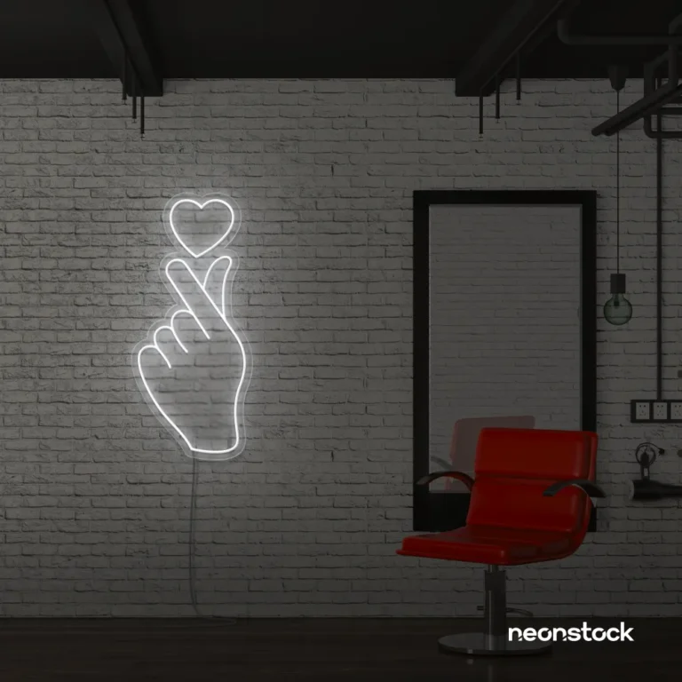 Finger heart neon sign in white for bedroom and dorm room decor
