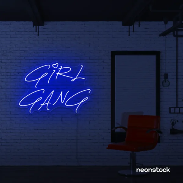 Girl Gang neon sign in dark blue for dorm rooms, glam spaces, and bestie walls.
