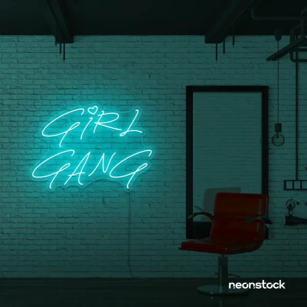 Girl Gang neon sign in mint green for dorm rooms, glam spaces, and bestie walls.