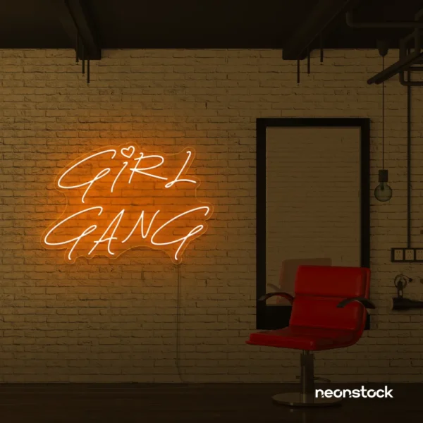 Girl Gang neon sign in orange for dorm rooms, glam spaces, and bestie walls.
