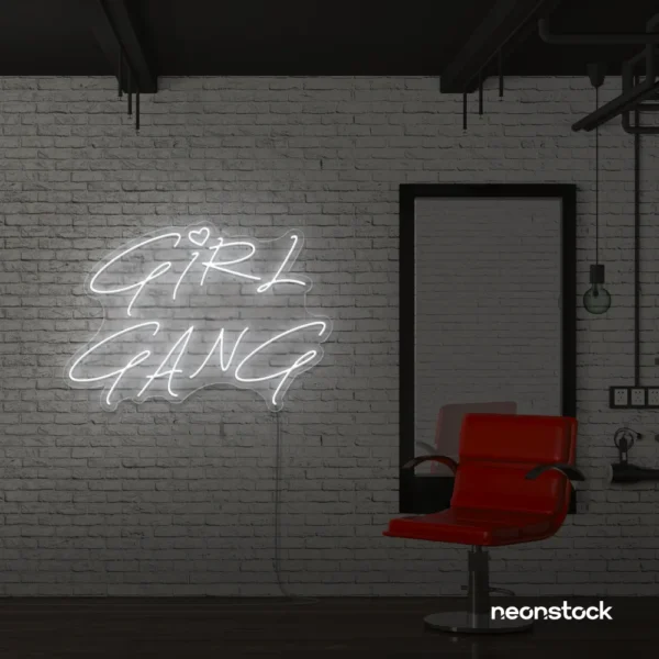 Girl Gang neon sign in white for dorm rooms, glam spaces, and bestie walls.