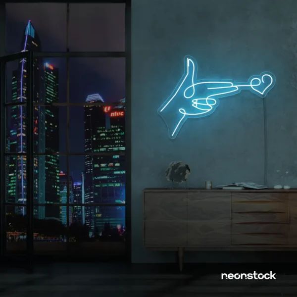 Hands shooting heart neon sign in ice blue – romantic LED wall decor.
