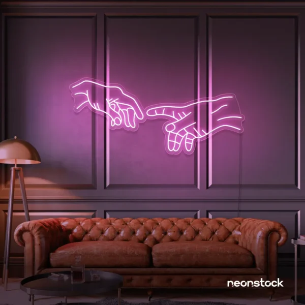 Hands neon sign in baby pink – modern wall art symbolizing connection and emotion.