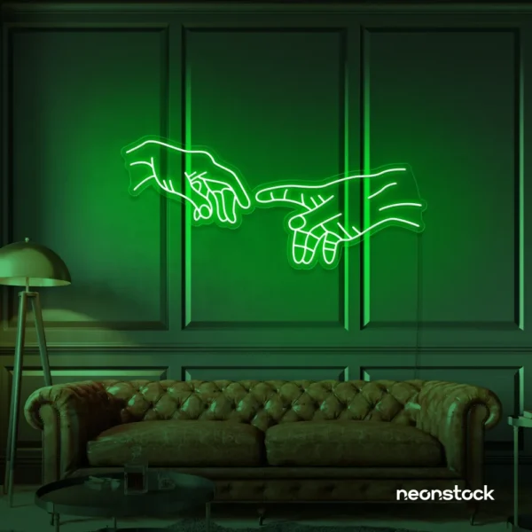 Hands neon sign in deep green – modern wall art symbolizing connection and emotion.