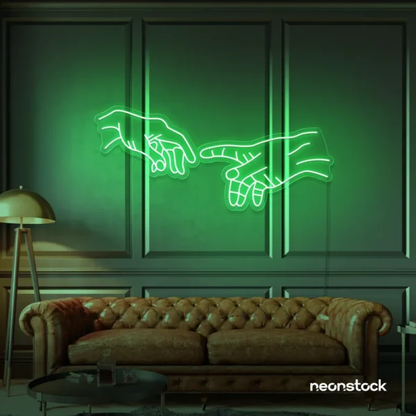 Hands neon sign in green – modern wall art symbolizing connection and emotion.