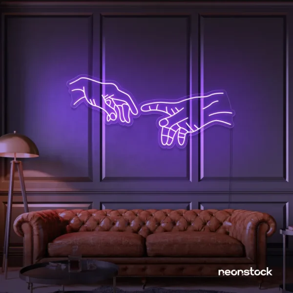 Hands neon sign in purple – modern wall art symbolizing connection and emotion.