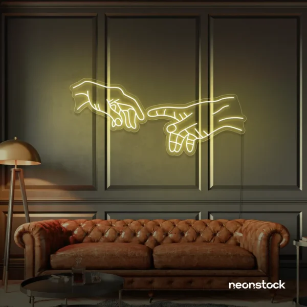 Hands neon sign in warm white – modern wall art symbolizing connection and emotion.