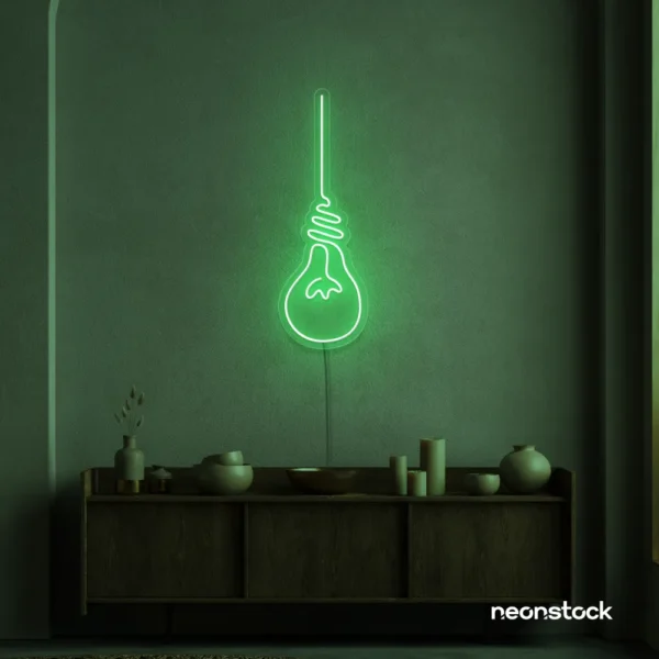 Hanging bulb neon sign in green for cafes, offices, and creative spaces.