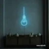 Hanging bulb neon sign in ice blue for cafes, offices, and creative spaces.