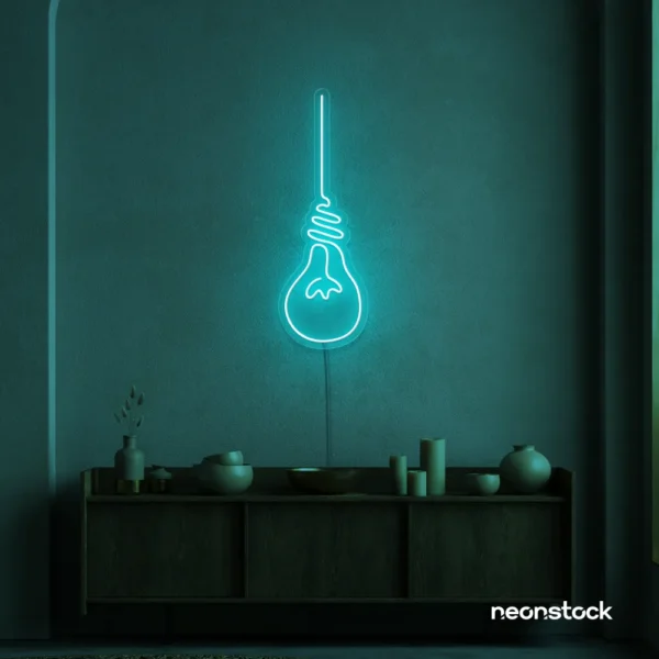Hanging bulb neon sign in mint green for cafes, offices, and creative spaces.