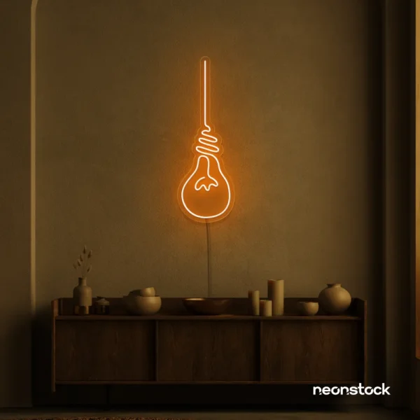 Hanging bulb neon sign in orange for cafes, offices, and creative spaces.