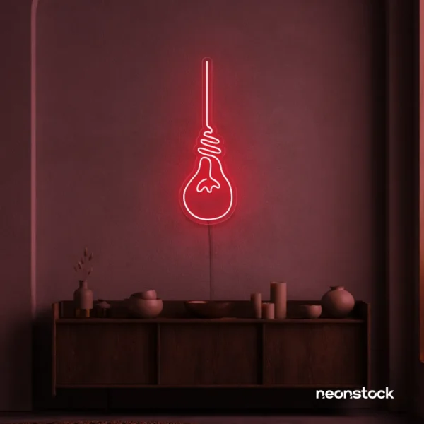 Hanging bulb neon sign in red for cafes, offices, and creative spaces.