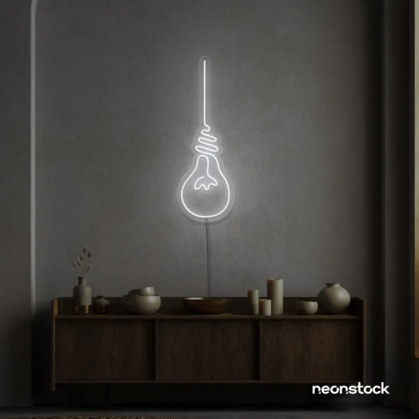 Hanging bulb neon sign in white for cafes, offices, and creative spaces.